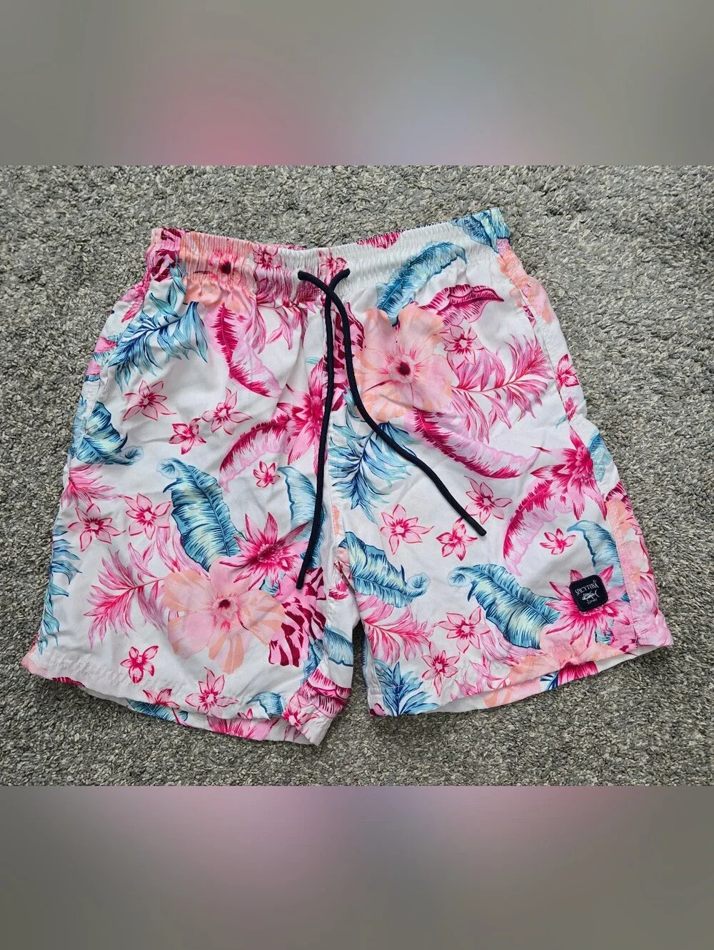 Spicy Tuna Swim Shorts Men's Athletic Trunks Small Tropical Floral White Pink